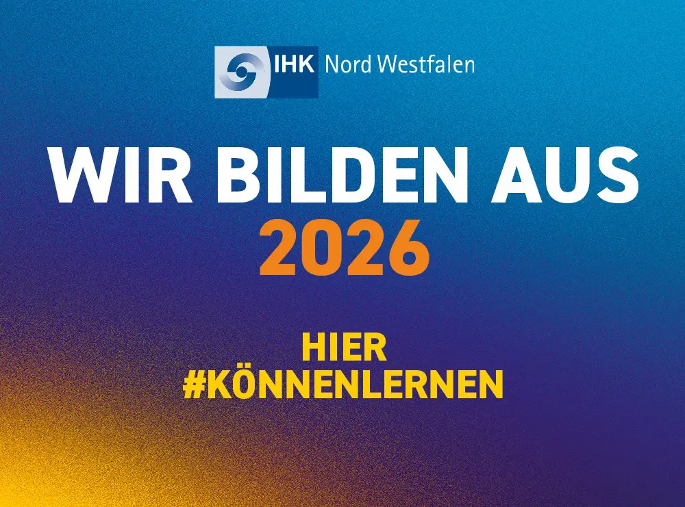 IHK Custom Footer: Logo of IHK Nord Westfalen, text "Wir bilden aus 2026 hier #könnenlernen" on blue background