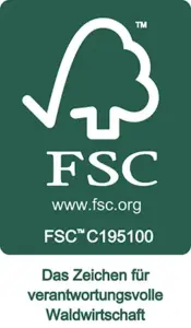 FSC Logo: Symbol für verantwortungsvolle Forstwirtschaft, weiße Baumkrone auf grünem Grund, FSC C195100, im Custom Footer.