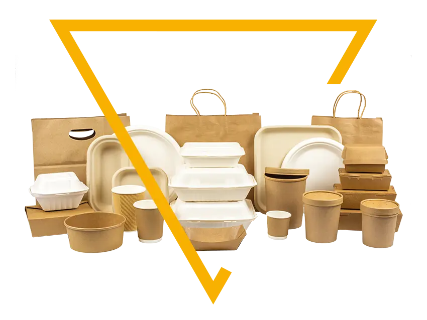 Lebensmittel: Verschiedene umweltfreundliche Einweg-Lebensmittelbehälter, darunter Papiertüten, Teller, Schüsseln und Becher, auf einer Fläche angeordnet.