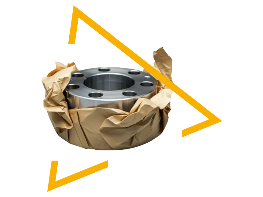 Korrosionsschutz: Metallbauteil, in Papier eingewickelt, mit gelben Pfeilen auf schwarzem Hintergrund.