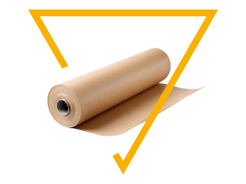 Papiere-Pappen: Rolle Packpapier mit gelbem Dreieck auf schwarzem Hintergrund. Braunes Papier, Karton, Verpackungsmaterial.