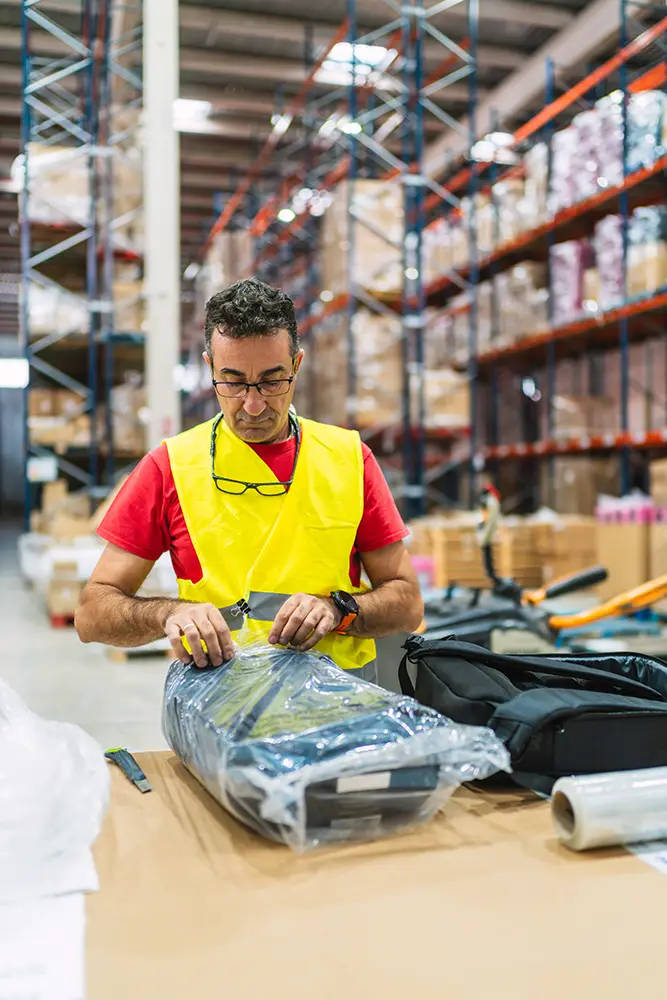 Ein Mitarbeiter im gelben Sicherheitsweste verpackt eine Ware im Lager für den Hummel Fullfilment Service.