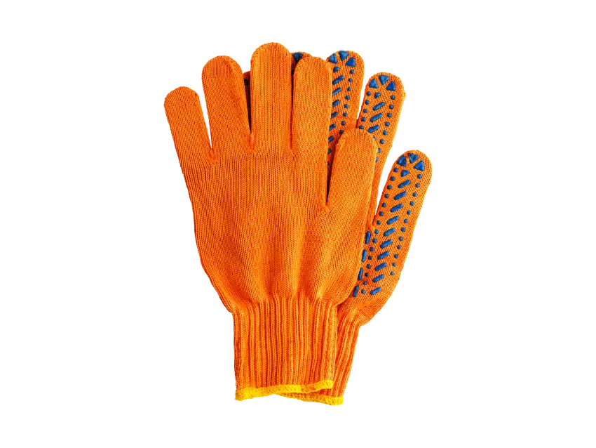 Orange Betriebshygiene-Handschuhe mit blauen Noppen für Sauberkeit und Schutz.