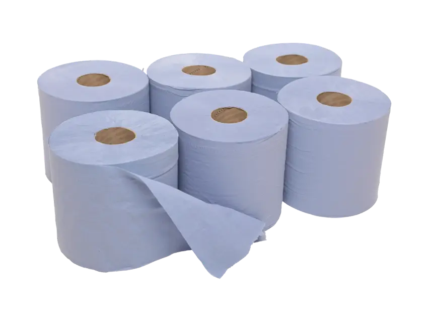 Betriebshygiene Putzrollen: Sechs weiße Papierrollen für Hygiene und Reinigung im Betrieb.