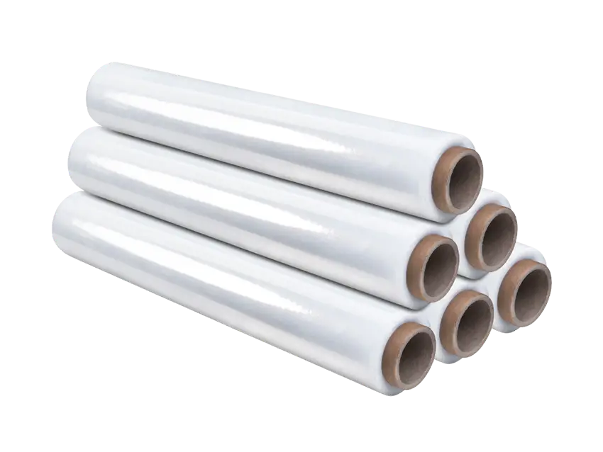 Folien-Beutelprodukte: Stapel von Rollen transparenter Flachfolie auf schwarzem Hintergrund.