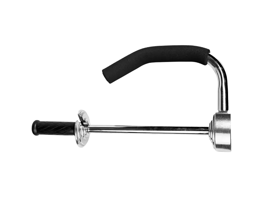 Folien-Abroller für Folienbeutelprodukte, Detailaufnahme des sauberen, silbernen Abrollers mit schwarzem Griff.