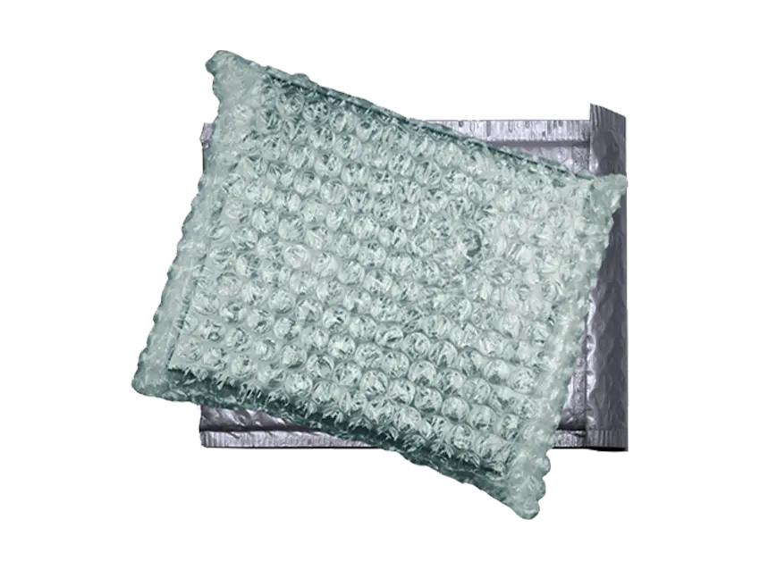 Folien-Beutelprodukte: Luftpolsterbeutel für sicheren Versand. Transparente Luftpolsterfolie schützt Produkt in silbernem Folienbeutel.
