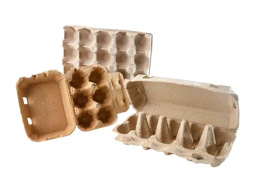 Various clean, empty egg cartons of different sizes and shapes made of recycled cardboard against a black background.