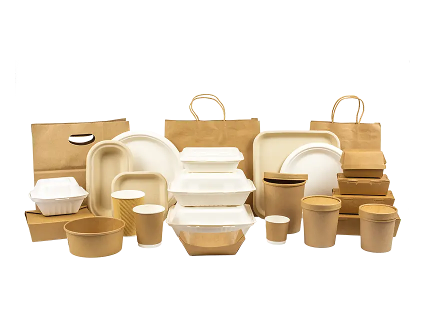 Food packaging made of Papiere & Pappen: Clean Kraft paper bags, plates, bowls and containers on a black background.