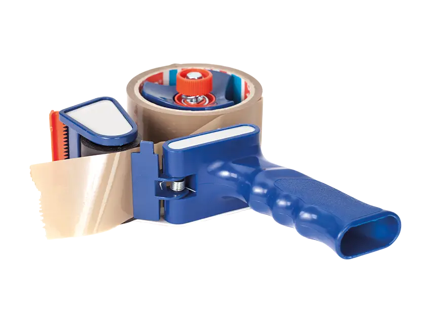 Klebebandabroller mit braunem Klebeband. Papiere und Pappen Zubehör. Tape dispenser with brown tape.