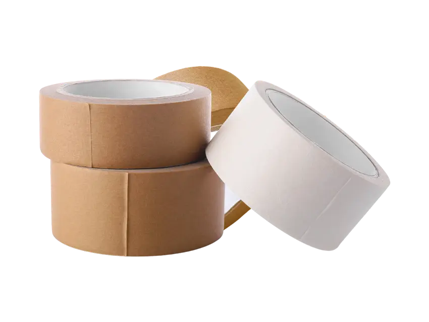 Kleben-Heften Papierklebeband: Stapel Papierklebebandrollen in Braun und Weiß, Bürobedarf zum Kleben und Heften.