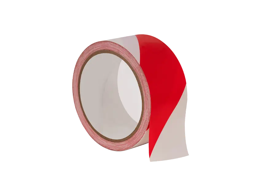 Warnband rot-weiß: Rolle Klebeband, Absperrband für Baustellen, rot gestreift, weiße Streifen, Sicherheitsband, Baustellenabsicherung.