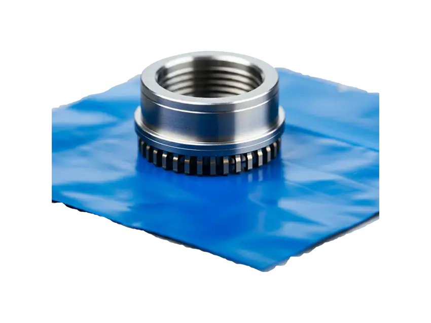 Korrosionsschutz: Metallteil auf blauem Flachbeutel. Schutz vor Korrosion durch spezielle Verpackung.