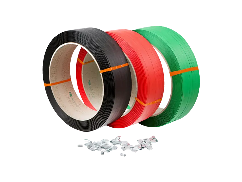 Paletten Warensicherung: Three rolls of PET strapping band (black, red, green) with metal clips for securing goods on pallets.