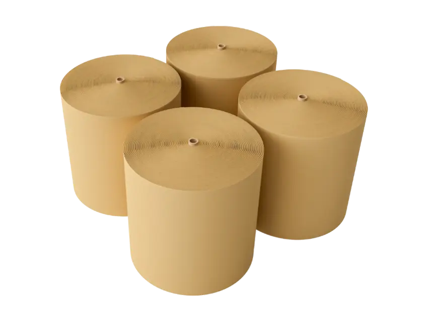 Four rolls of clean, corrugated Papiere Pappen Packpapier (paperboard) stacked on a black background.