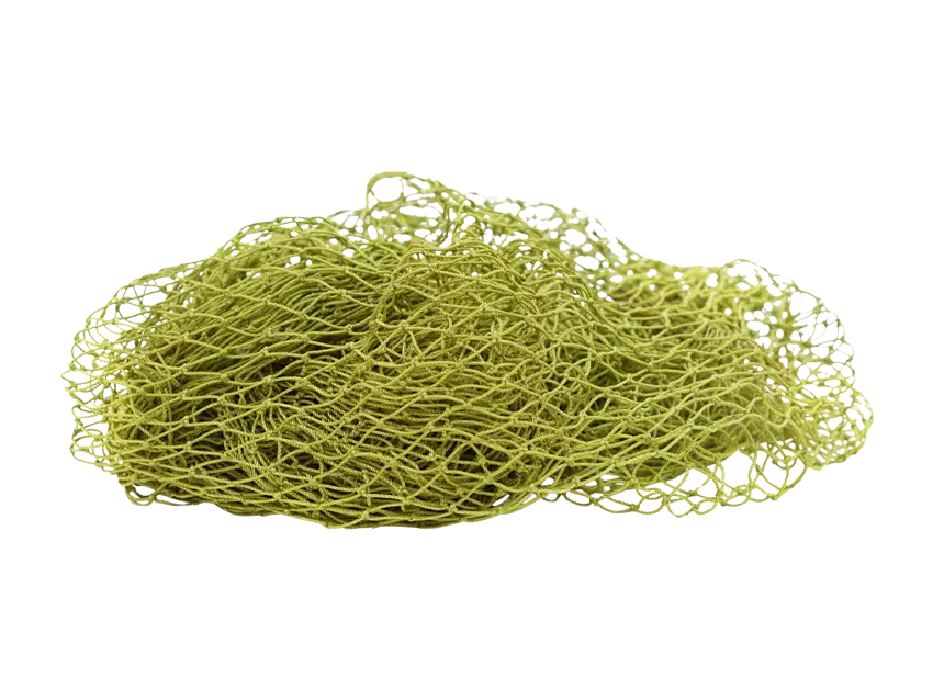 Gelbes Schutz-Polstersystem aus Netzschläuchen vor schwarzem Hintergrund. Engmaschiges Netz für Polster und Schutz.