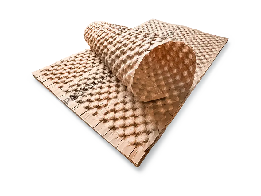 Schutz-Polstersysteme: Polsterpapier Rolle und flache Lage mit Noppenmuster, clean und bereit für den Einsatz.