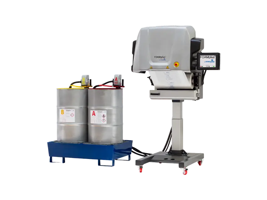FOAMplus Bag Packer Schaumpolstermaschine: Schutz-Polstersysteme für Schaumpolstersysteme, bestehend aus zwei Fässern und einer Maschine.