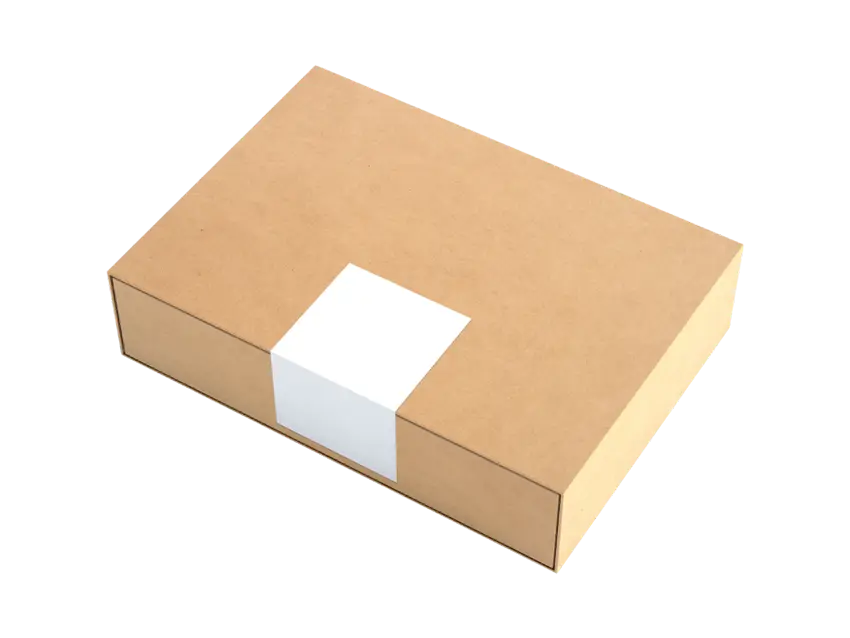 Versandartikel Kalender Buchverpackung: Braune Buchverpackung mit weißem Etikett auf schwarzem Hintergrund.