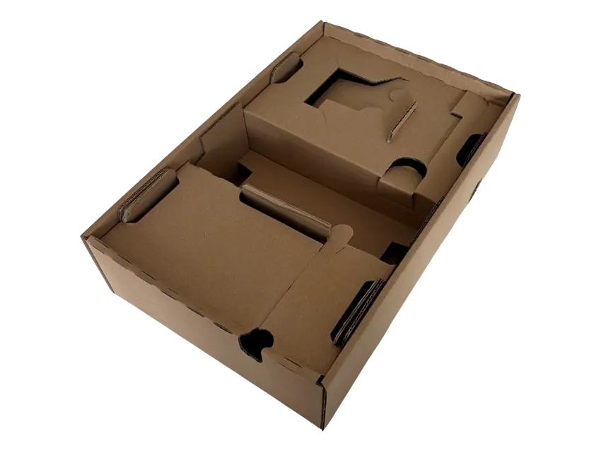 Wellpapp-Produkte: Fixier-Membranverpackung aus Wellpappe, leer. Innenleben mit Aussparungen zur Produktfixierung.